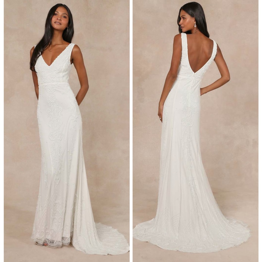 Lulus Passionate Romance White Beaded Sequin Mermaid Maxi Dress Size Large Beach